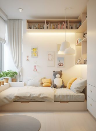 Modern creamy style, juvenilebedroom,window ledge platform with built-in cabinets, small windows, toddler bed, cute children's decorations and hanging pictures, soft furnishings in the space, high-quality photos, UHD --ar 3:4 --stylize 50 --v 5.2 Job ID: ec3680ae-7962-49e2-9302-87a385efdbae